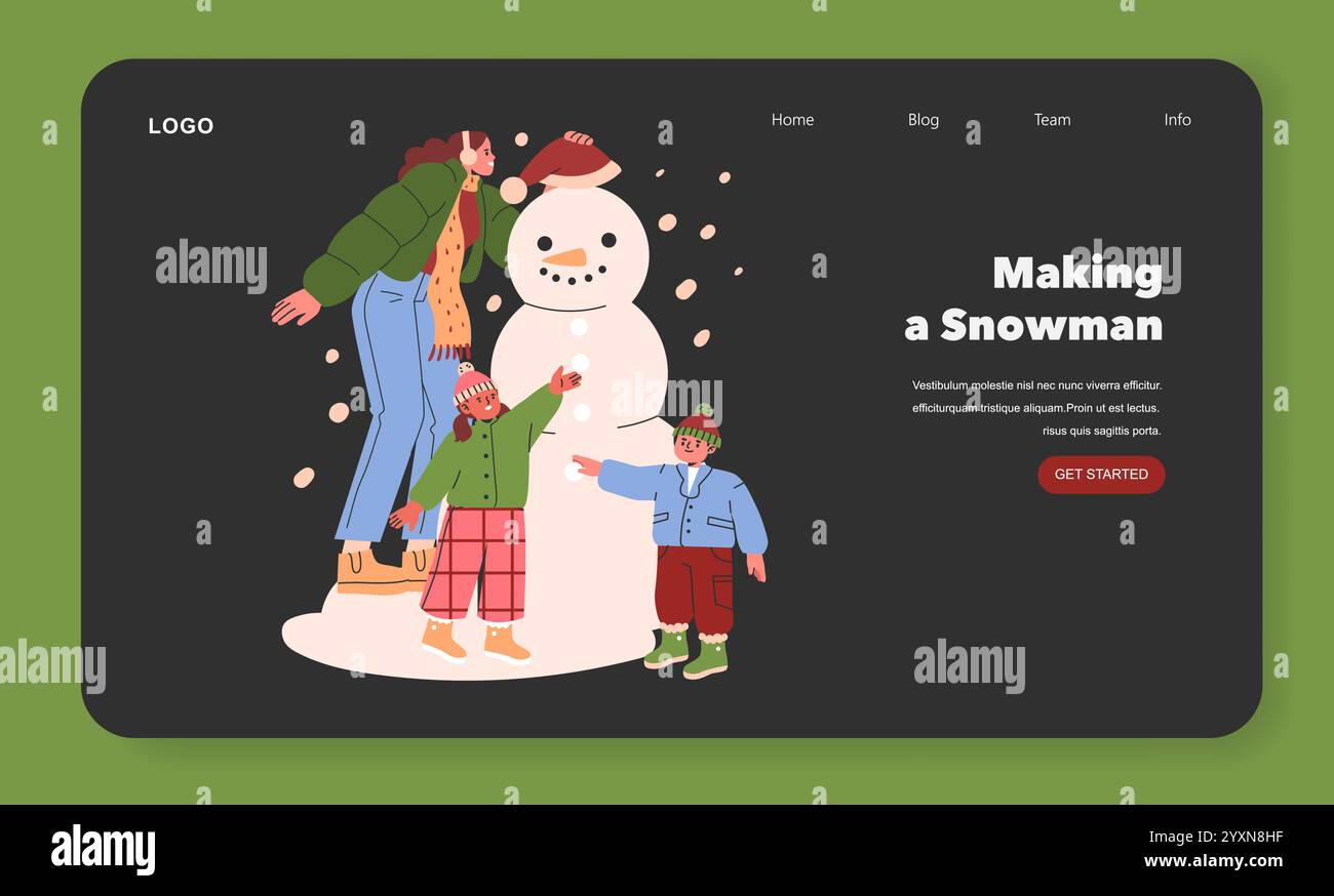 Konzept für Winteraktivitäten. Die Familie liebt es, gemeinsam einen Schneemann auf einem festlichen Webseitenbanner zu bauen. Fröhliche Feiertage in der Schneesaison. Vektorabbildung. Stock Vektor