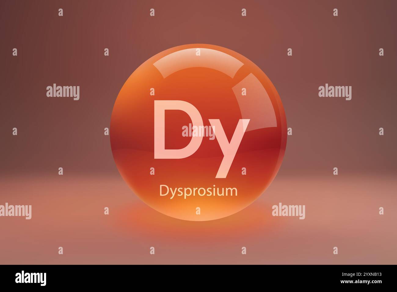 Glänzende Kugel mit „Dy“-Dysprosium-Symbol auf einem verlaufenen Hintergrund. Stock Vektor