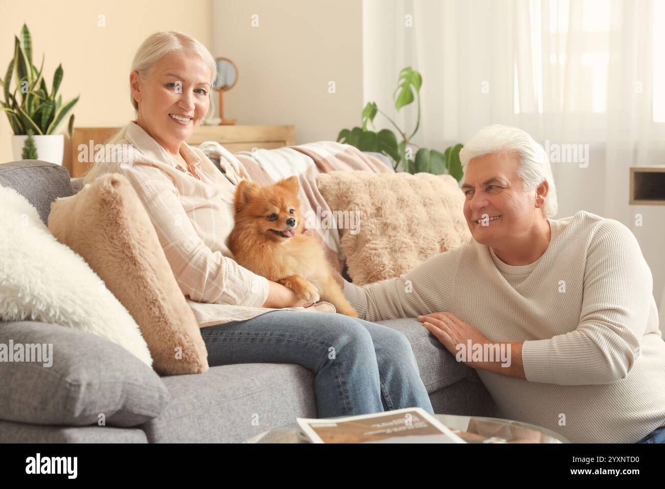 Glückliches Seniorenpaar mit süßem Pommerschen Hund zu Hause Stockfoto