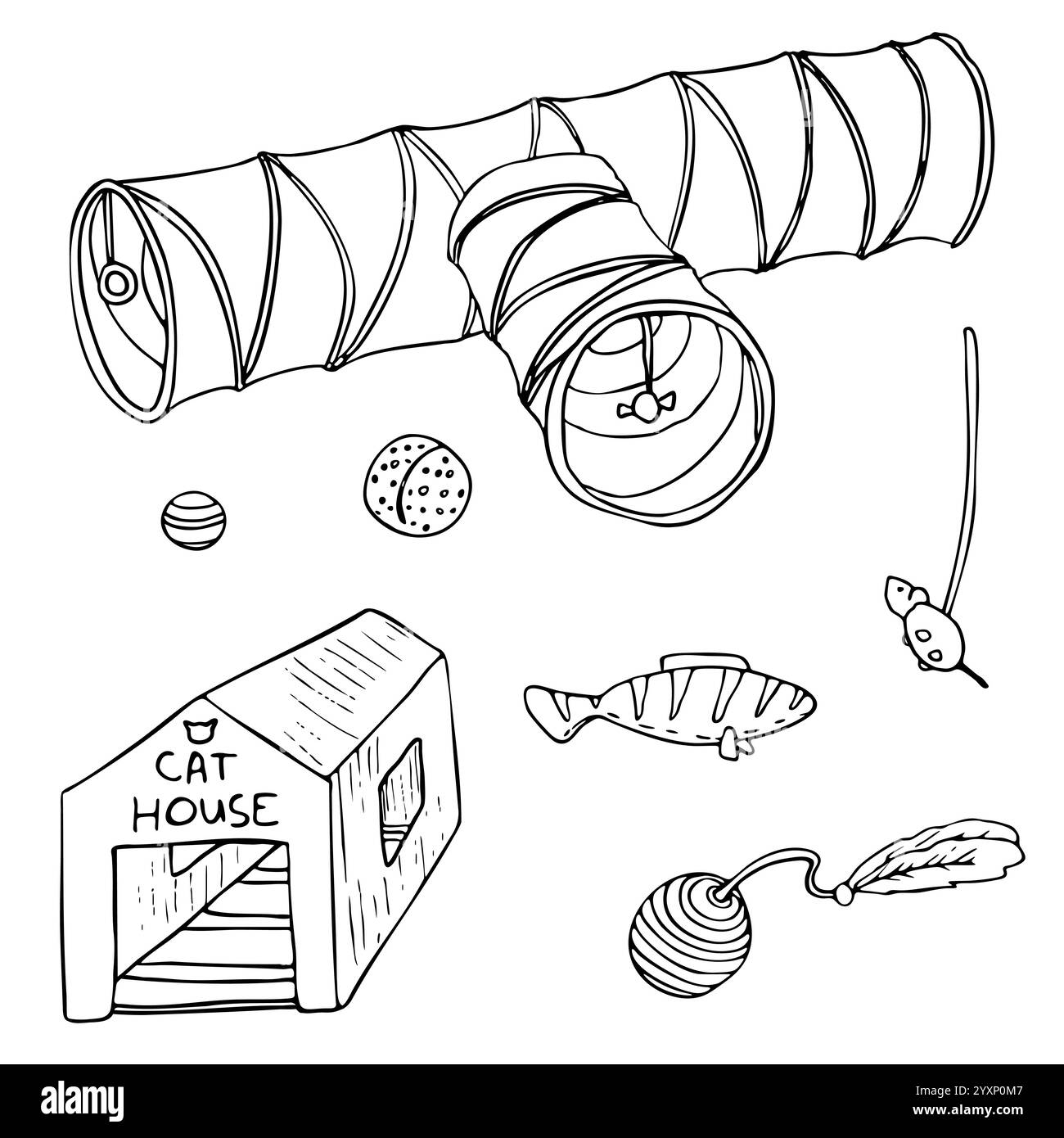 Haustierausrüstung. Doodle-Kollektion. Spielzeug für Katzen Stock Vektor