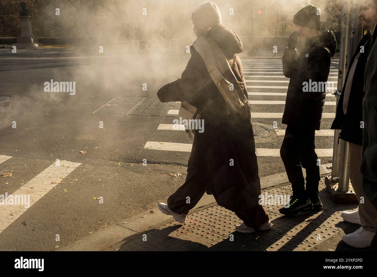 Pendler aus New York laufen an einem bitterkalten Morgen im Winter im Central Park West, der von heißem Dampf aus dem U-Bahn-System umspült wird, zügig zur Arbeit. Stockfoto