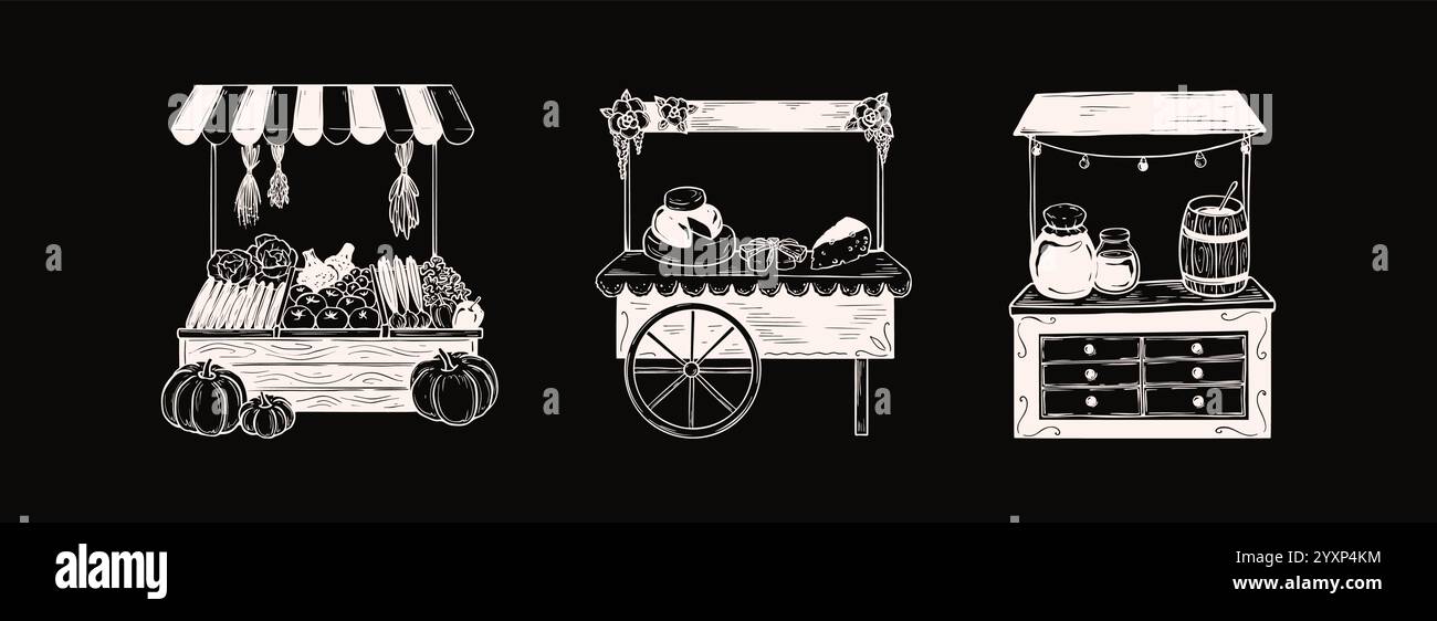 Tafel auf dem lokalen Bauernmarkt. Lokaler Basar Gemüsehändler, Käsegeschäft, Honigstand hatte eine Kritzelskizze Vektor-Illustration gezeichnet. Kreidezeichnung. Stock Vektor