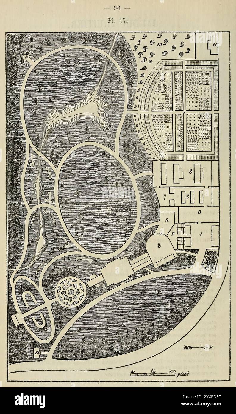 Belgique horticole, Lüttich, Botanik, Gartenbau, Zeitschriften, Pflanzen. die Abbildung zeigt eine detaillierte Darstellung eines großen Parks oder Gartenbereichs. Es umfasst verschiedene Elemente wie gewundene Wege, ausgedehnte Grasflächen und Baumgruppen. Das Design zeigt ein zentrales kreisförmiges Merkmal, möglicherweise einen Pavillon oder Pavillon, umgeben von landschaftlich angelegtem Grün. Innerhalb der Parkgrenzen sind bemerkenswerte Strukturen, die möglicherweise Gebäude oder Gewächshäuser umfassen, markiert. Die Hauptmerkmale sind Bereiche umgeben, die für bestimmte Zwecke bestimmt sind, gekennzeichnet durch Nummern und Etiketten, Sugge Stockfoto