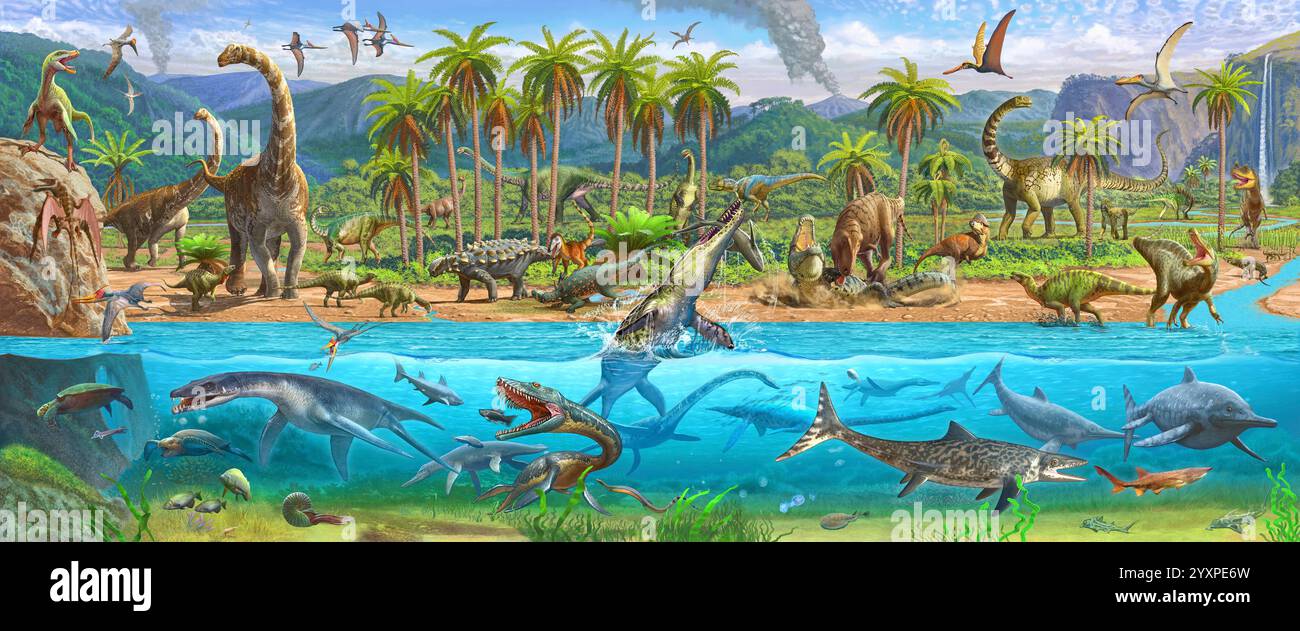 Urszene mit Dinosauriern und prähistorischen Wasserreptilien. Stockfoto