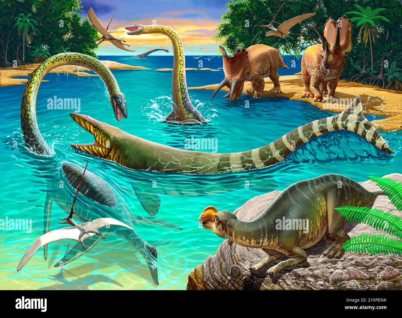 Dinosaurier versammeln sich während der Jurazeit um ein Schwimmloch. Stockfoto