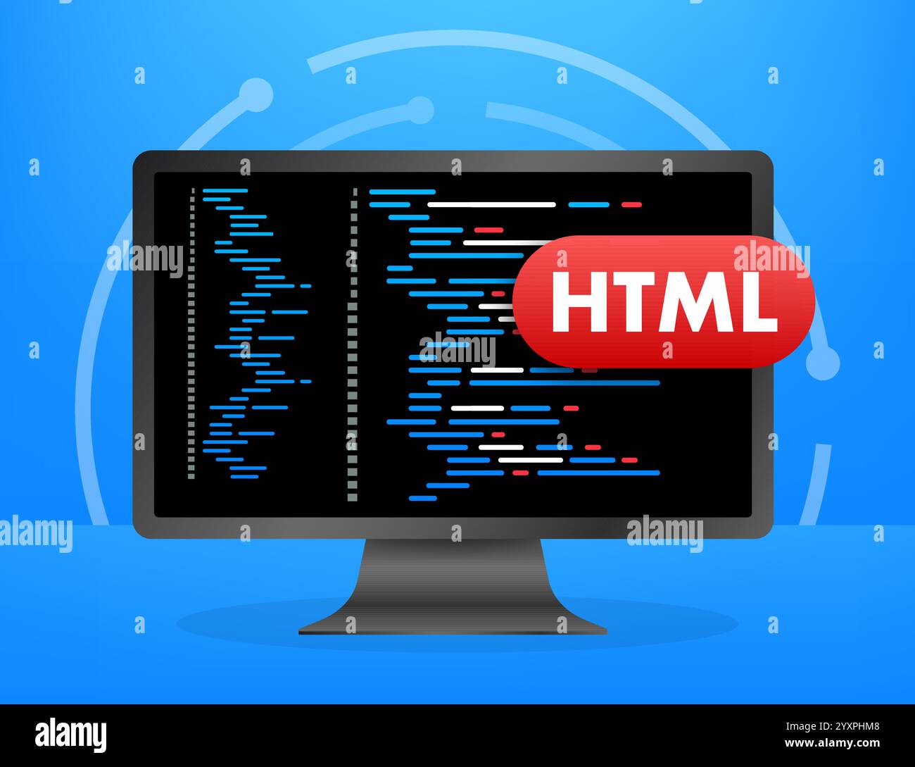 Computermonitor zeigt HTML-Programmiercode auf blauem Hintergrund an Stock Vektor