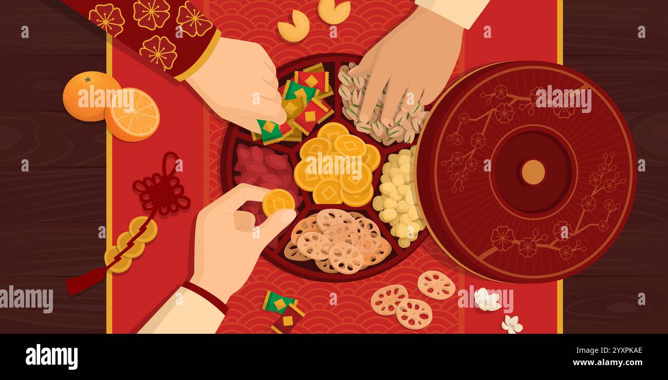 Die Leute essen Süßigkeiten und Leckereien in einer offenen chinesischen Süßigkeitenbox, chinesisches Neujahrsfest Stock Vektor