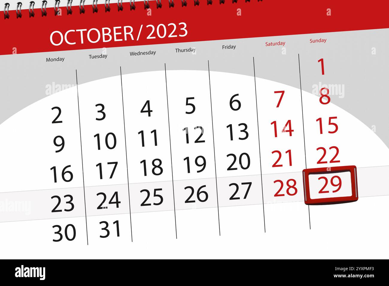 Kalender 2024, Deadline, Day, Month, page, Veranstalter, Datum, Dezember, sonntag, Nummer 29. Stockfoto