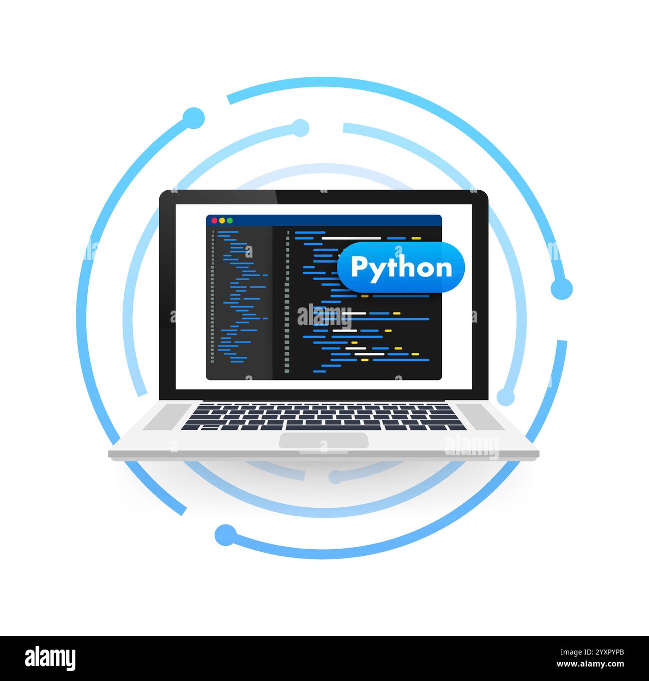 Laptop mit Python-Code auf dem Bildschirm, Programmierung und Software-Entwicklungskonzept Stock Vektor