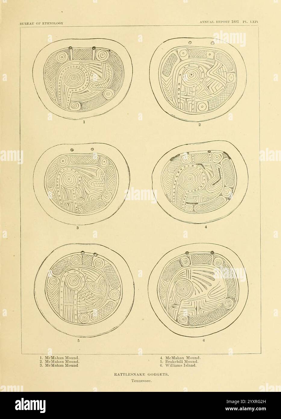 Kunst in Hülle der alten Amerikaner, Washington, Govt. Print, 1883, Antiquitäten, indische Kunst, Indianer, Muscheln in Kunst, viele Hüte von Holmes, Taxonomie, Kate Clifton Osgood, Kate Clifton Osgood Holmes, Kate Clifton Holmes, Kate Osgood Holmes, Kate Clifton Osgood, 4, Frauen in der Wissenschaft zeigt diese Illustration eine Reihe von sechs komplizierten Designs oder Mustern, die in zwei Reihen zu je drei angeordnet sind. Jedes Design ist von einem kreisförmigen Rahmen umgeben, der eine Vielzahl von geometrischen Formen, Linienbildern und wirbelnden Motiven zeigt. Die Komplexität der Muster deutet auf eine kulturelle oder künstlerische Bedeutung hin, möglicherweise verbunden Stockfoto