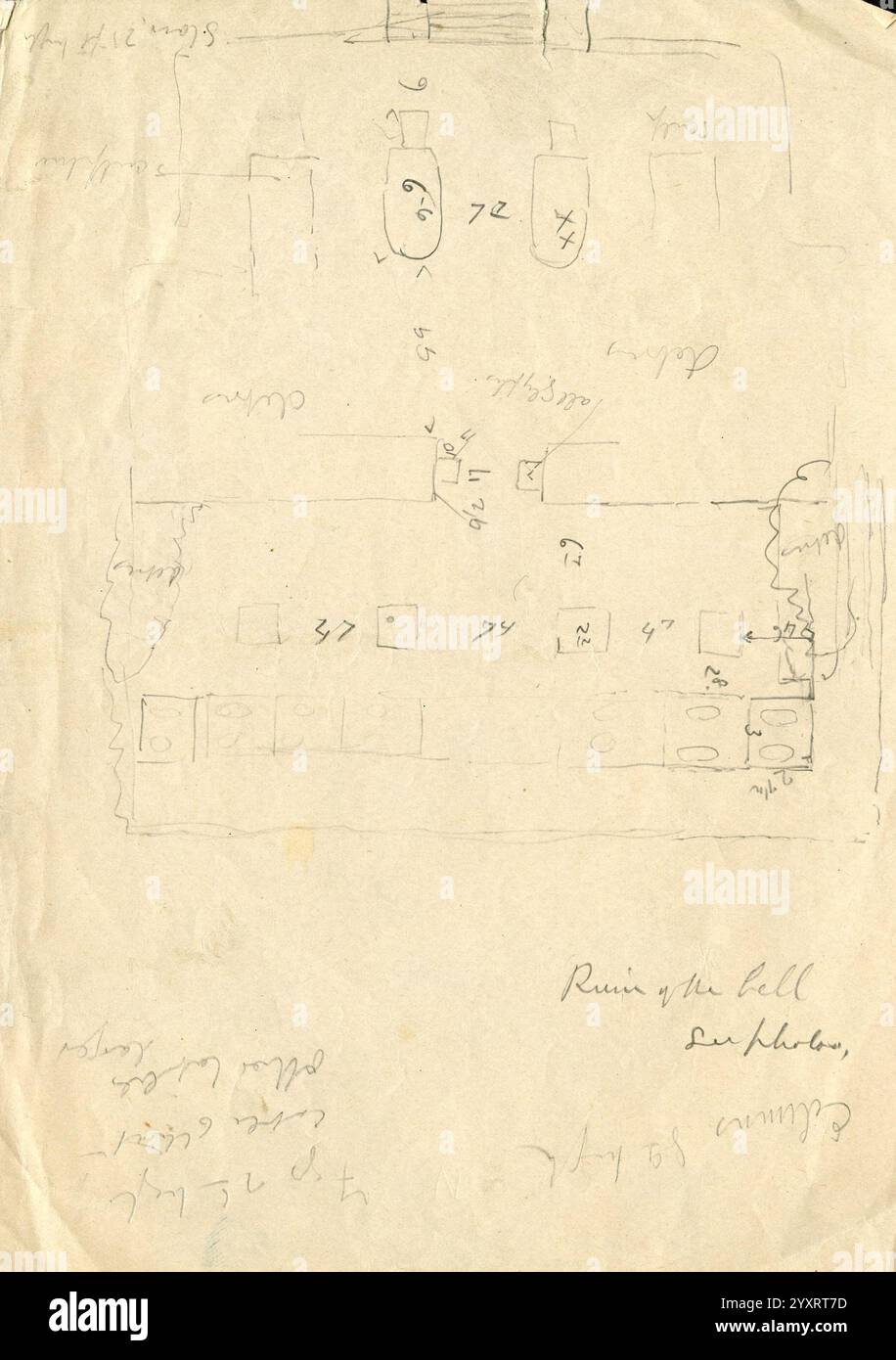 Chichen Itza, Mexiko, 1895. 1895, Anthropologie, Archäologie, Chichen Itza, Field Notes, Geologie, Illustrationen, Maya-Kunst, Mexiko, Halbinsel Yucatan, Archives, Many Hats of Holmes, die Illustration zeigt ein grobes architektonisches Layout mit einem Grundriss mit verschiedenen beschrifteten Abschnitten. Das Design umfasst detaillierte Messungen, die die Abmessungen verschiedener Räume und Bereiche anzeigen, z. B. eine zentrale Halle, mehrere kleinere Räume und mögliche Eingänge. Beschriftungen in den Rändern enthalten zusätzliche Hinweise oder Anweisungen, während Pfeile und Linien eine Bewegung oder einen Fluss durch den Raum vorschlagen. A Stockfoto