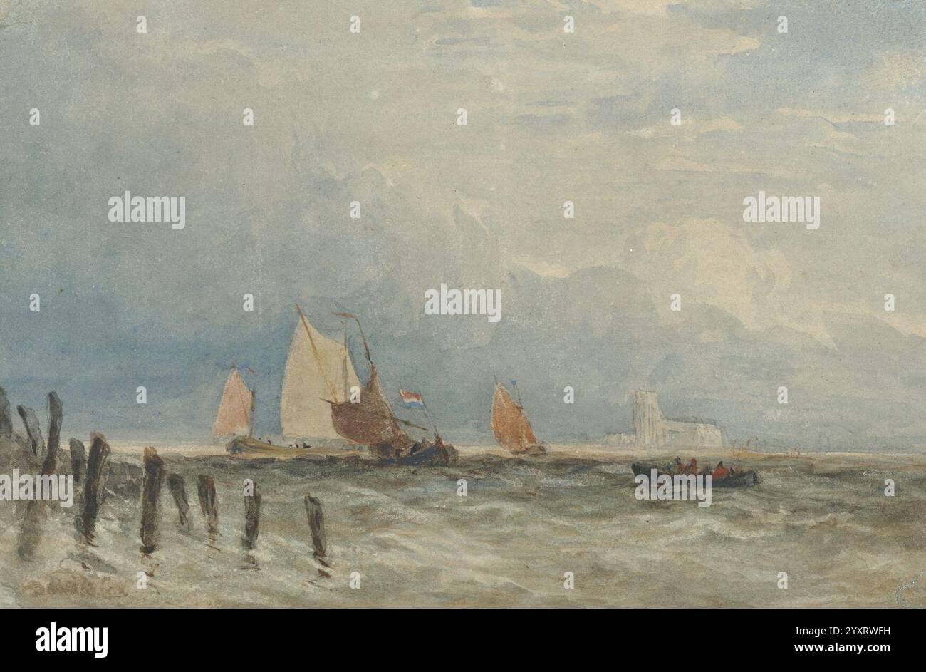 David cox sen schuldet niederländisches Fischen vor der Küste mit Grote kerk d d6491719111516). Stockfoto