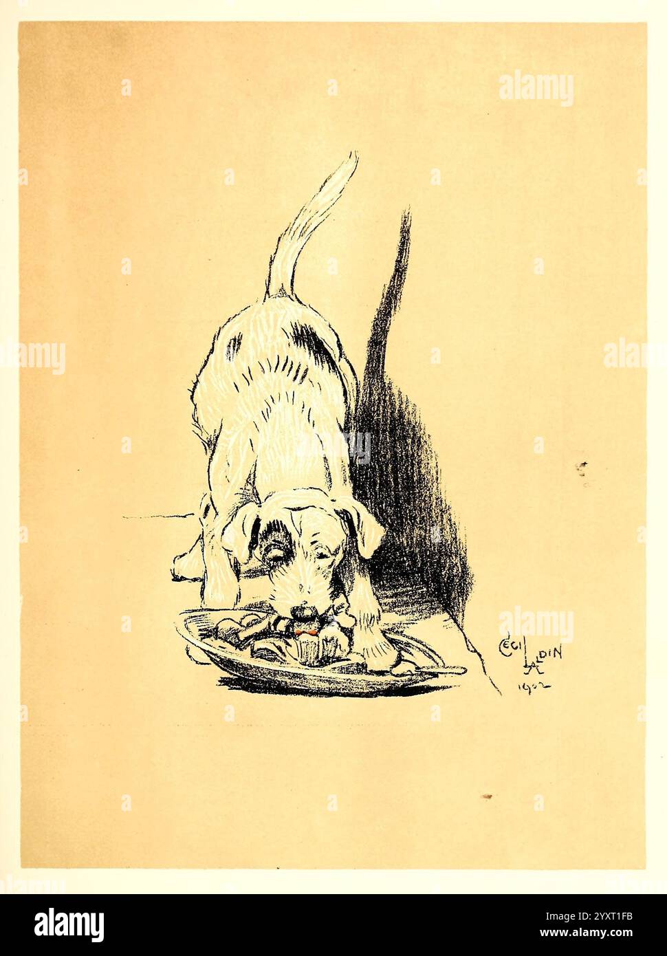 Ein Hundetag oder der Engel im Haus. New York, R. H. Russell [um 1902], Hunde, Bildwerke., Ein verspielter Welpe wird dargestellt, wie er eifrig eine Mahlzeit von einem Gericht auf dem Boden genießt. Die Haltung des Hundes vermittelt Begeisterung und Neugier, mit abgesenktem Kopf und angehobenem Schwanz. Die umgebenden Schatten verleihen der Szene Tiefe und betonen die Konzentration des Welpen auf sein Futter. Die Illustration fängt die Unschuld und Begeisterung eines jungen Hundes ein und feiert einen einfachen, aber fröhlichen Moment der Mahlzeit. Stockfoto