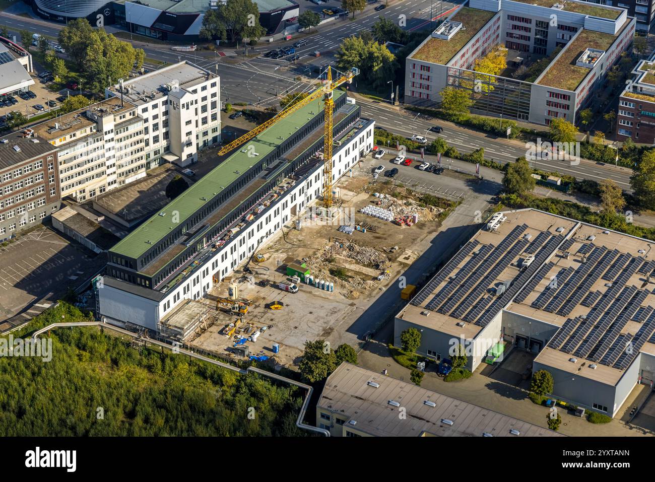 Luftaufnahme, Baustelle im Gewerbepark OPTI, Westendstraße, Westviertel, Essen, Ruhrgebiet, Nordrhein-Westfalen, Deutschland Stockfoto