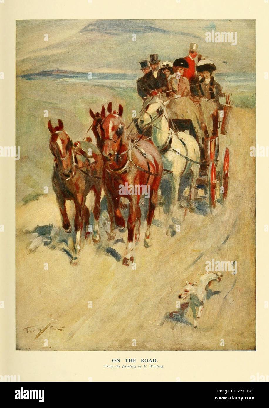 Das neue Buch des Pferdes, London, Cassell and Co, 1911. Pferde, Reitsport, Pferdesport, Eine lebendige Szene, die eine Kutsche zeigt, die von vier Pferden auf einer staubigen Straße gezogen wird. Die Kutsche wird von mehreren elegant gekleideten Fahrgästen besetzt, darunter eine Frau in einem knallroten Kleid und Hut, die mit ihrer leuchtenden Farbe vor dem Erdboden auf sich aufmerksam macht. Die Gruppe wirkt fröhlich und gesellig und interagiert miteinander, während sie durch eine malerische Landschaft reisen. Ein kleiner Hund trabt entlang der Kutsche und verleiht der Atmosphäre einen Hauch von Verspieltheit. Die Kulisse bietet eine sanfte Exp Stockfoto