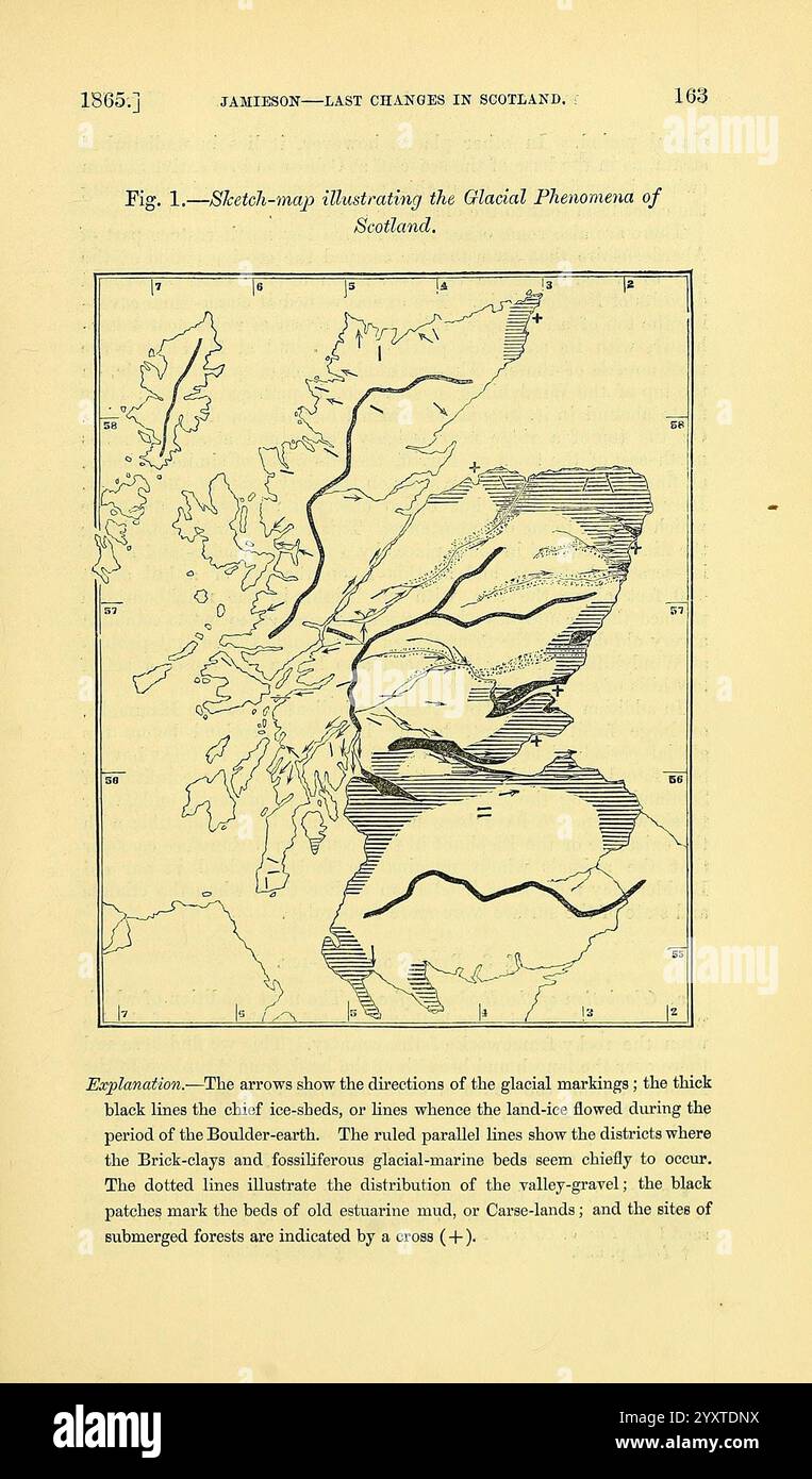 The Quarterly Journal of the Geological Society of London, v.21 (1865) London, Geologie, Periodika, Eine historische Karte, die die Erosion der Gletscher in einer Bergregion veranschaulicht und mit verschiedenen Höhen und Merkmalen gekennzeichnet ist. Die Karte enthält Konturlinien, die Höhen und das Ausmaß des glazialen Einflusses auf die Landschaft abgrenzen. Die schattigen Bereiche weisen auf Bereiche mit signifikanten glazialen Einflüssen hin, was die geologischen Merkmale hervorhebt, die sich im Laufe der Zeit gebildet haben. Eine Zahlenzahl und die dazugehörige wissenschaftliche Notation deuten darauf hin, dass sie Teil einer größeren wissenschaftlichen Diskussion über Klimaveränderungen in einem bestimmten A ist Stockfoto