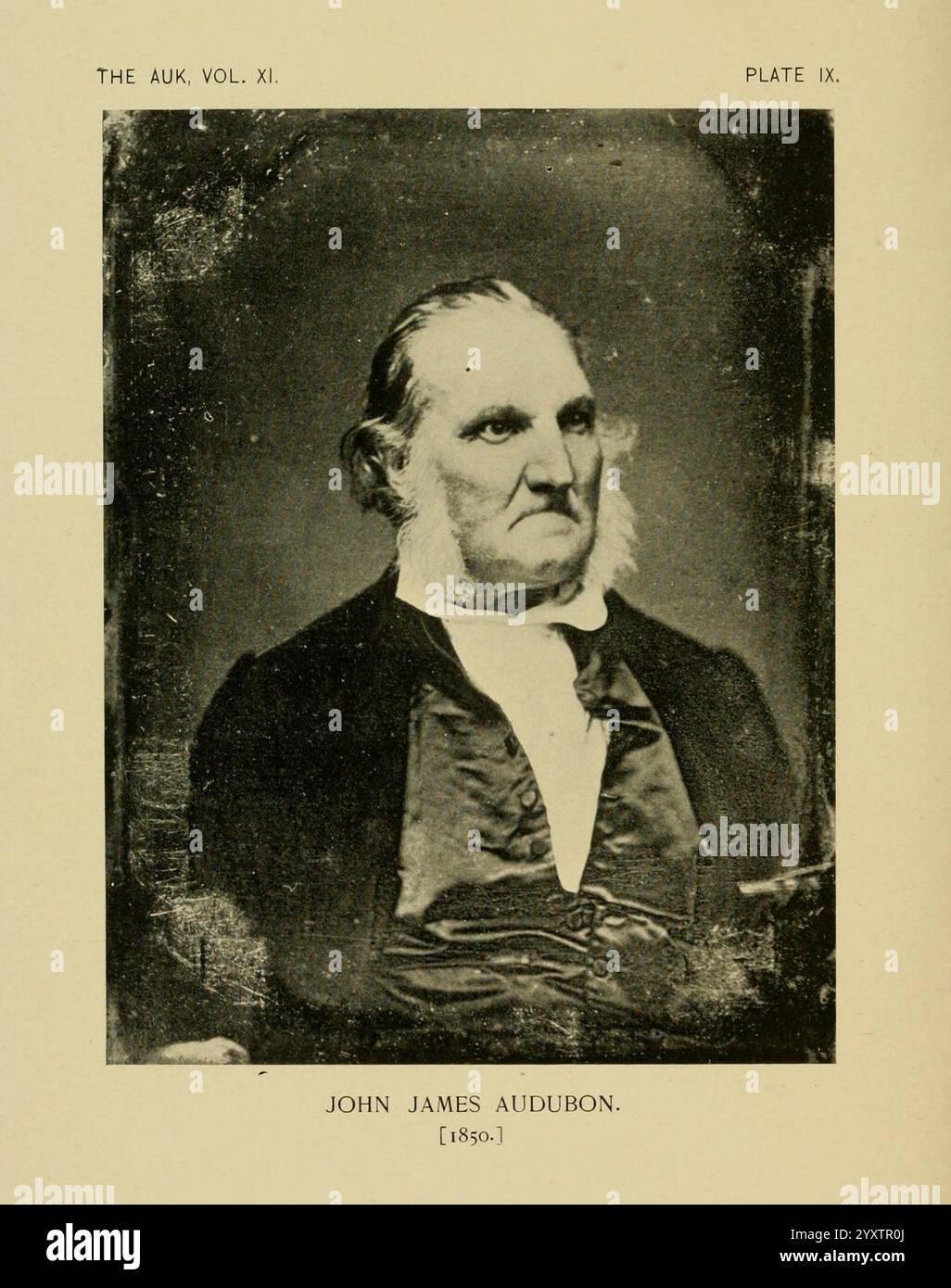 The Auk Washington, D.C. American Ornithologists' Union etc. 1884- Periodika Porträts John James Audubon Ornithologie Ornithologe Naturmaler, Ein angesehener Gentleman mit nachdenklichem Ausdruck, in formeller Kleidung mit dunklem Mantel und hohem Kragen gekleidet. Sein Haar ist weiß und ordentlich gestylt, mit Koteletten, die sein Gesicht umrahmen. Das Bild vermittelt ein Gefühl von Schwerkraft und Intellekt, das wahrscheinlich eine Person von erheblicher Bedeutung in ihrem Bereich erfasst. Unten wird der Name „John James Audubon“ deutlich sichtbar angezeigt, was darauf hinweist, dass diese Person mit „Notable“ verknüpft ist Stockfoto
