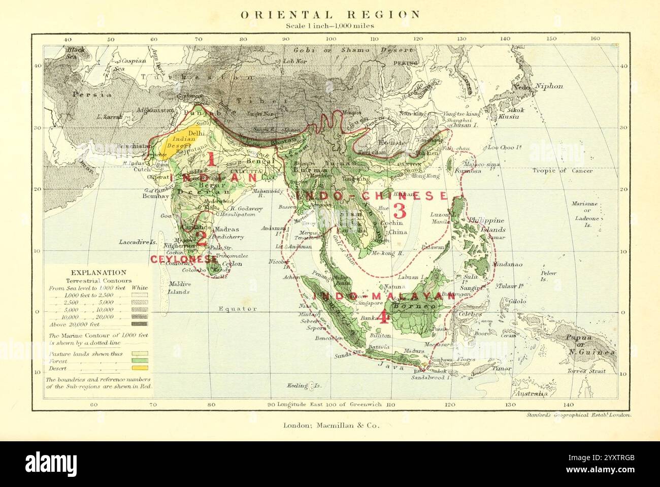 Die geographische Verteilung der Tiere London Macmillan and Co. 1876 Paläontologie Geographie Zoogeographie, Eine historische Karte, die die Orientalischen Regionen detailliert beschreibt, mit eindeutigen, durch Zahlen gekennzeichneten geografischen Gebieten. Die Regionen sind fett umrissen und umfassen verschiedene Landschaftsformen wie Berge, Ebenen und Inseln, die zur besseren Klarheit mit Namen versehen sind. Die Karte ist mit einer farbcodierten Legende verziert, die bestimmte Merkmale oder topografische Elemente angibt. Wichtige Sehenswürdigkeiten und Marinestraße werden ebenfalls dargestellt, die den historischen Kontext und die Bedeutung der Regionen im Geogra zeigen Stockfoto