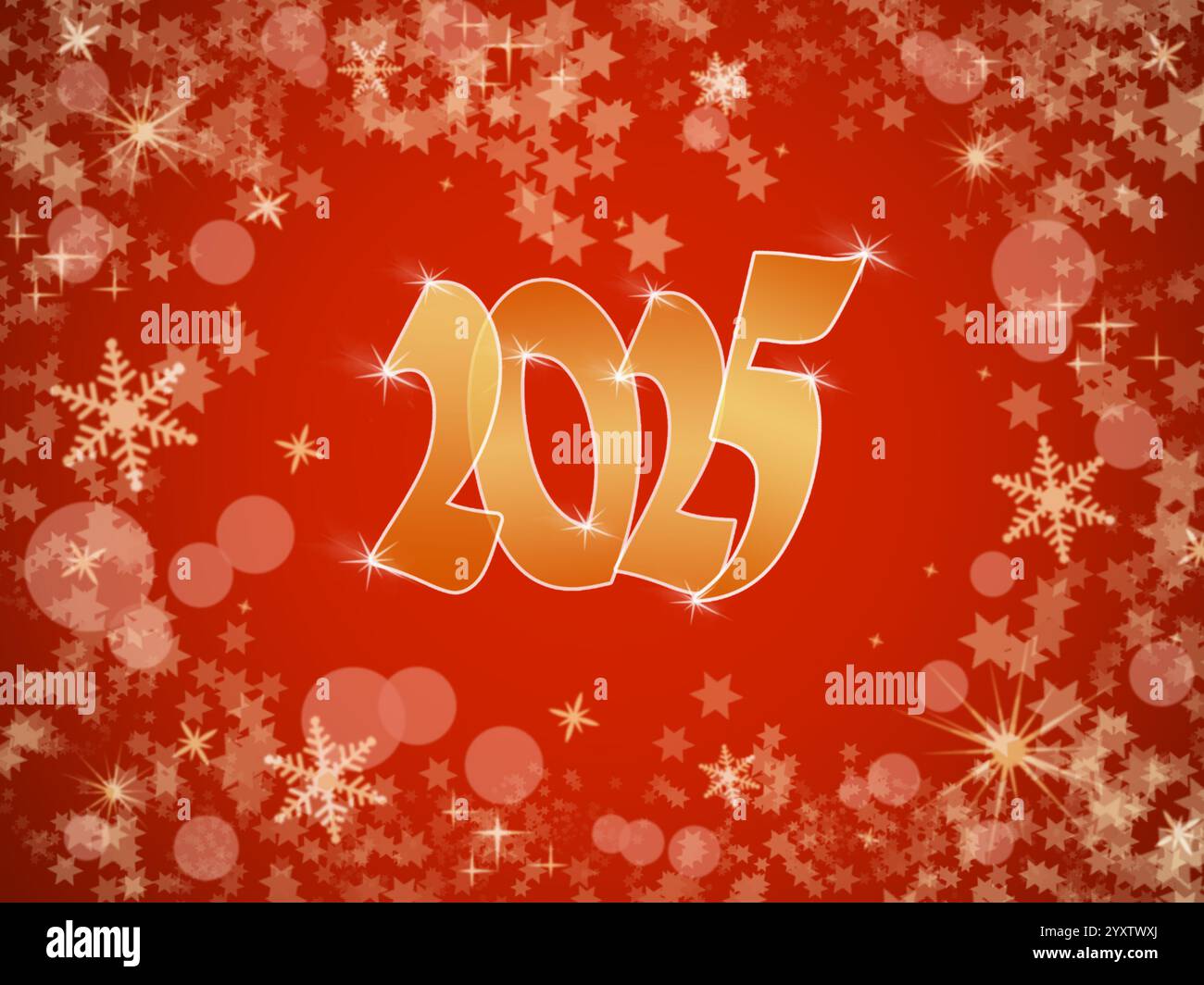 Das Datum des goldenen Neujahrs 2025 wird auf einem leuchtend roten Hintergrund mit glitzernden Schneeflocken und leuchtenden Sternen angezeigt, um ein festliches und festliches Ereignis zu feiern Stockfoto
