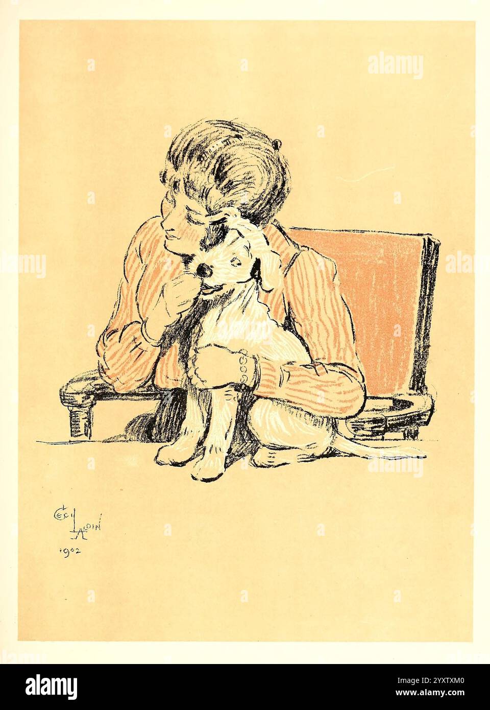 Ein Hundetag oder der Engel im Haus. New York, R.H. Russell [1902]. Hunde, Bildwerke, Ein kleines Kind sitzt auf einem Holzstuhl und wiegt einen kleinen Hund sanft in den Armen. Das Kind, in einem gestreiften Hemd gekleidet, schaut liebevoll den Hund an, der ruhig und zufrieden erscheint. Der Hintergrund ist mit einem warmen, gedämpften Ton versehen, der den intimen Moment, den die beiden gemeinsam haben, ergänzt. Der Ausdruck des Kindes ist ein Ausdruck von Zärtlichkeit und Neugierde, der die Bindung zwischen ihnen unterstreicht. Der Hund mit seinen wachsamen Ohren und seinem verspielten Verhalten blickt auf das Kind und schafft eine herzerwärmende Szene der Gesellschaft und Stockfoto