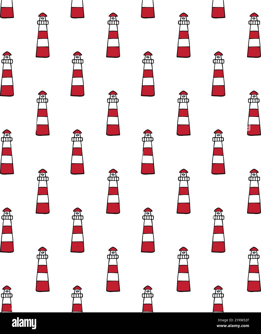 Nahtloses Vektor-Muster des farbigen handgezeichneten Kritzelskizzen-Leuchtturms isoliert auf weißem Hintergrund Stock Vektor