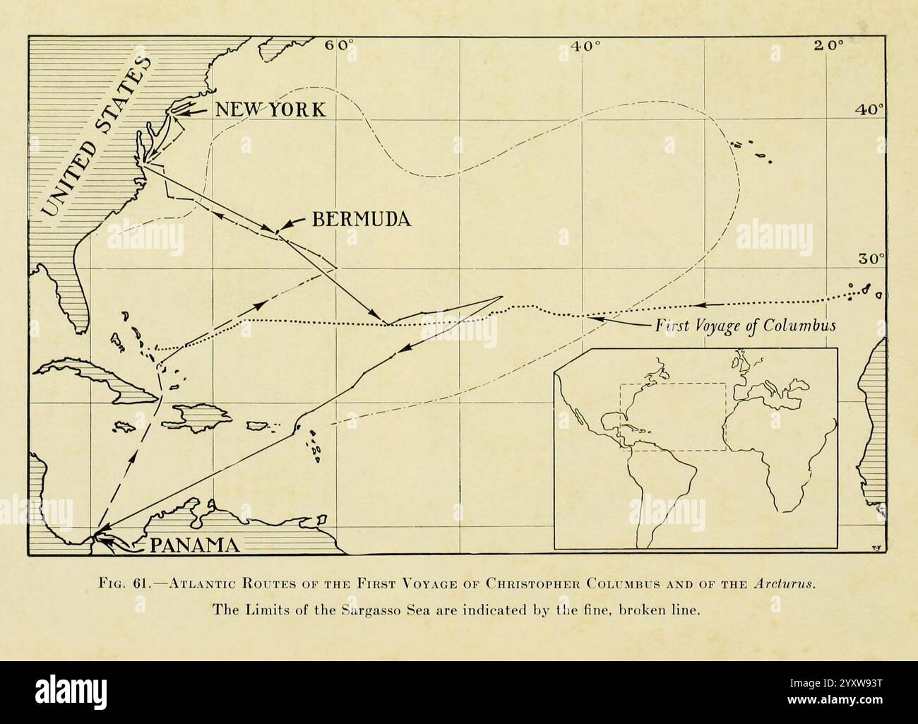 The Arcturus Adventure, New York, 1926, Galapagos Islands, Meerestiere, wissenschaftliche Expeditionen, Cocos Island, Costa Rica, Beschreibung und Reise, Woods Hole, die Abbildung zeigt eine historische Karte, die Routen über den Atlantik umreißt und verschiedene Orte wie New York, Bermuda und Panama miteinander verbindet. Gekrümmte Linien zeigen die Reise- oder Handelswege zwischen diesen Punkten an und veranschaulichen die Verbindungen zwischen den Vereinigten Staaten und Regionen in der Karibik und Mittelamerika. Breiten- und Längenmarkierungen stellen einen geografischen Kontext dar, während intermittierende Beschriftungen zeigen Stockfoto