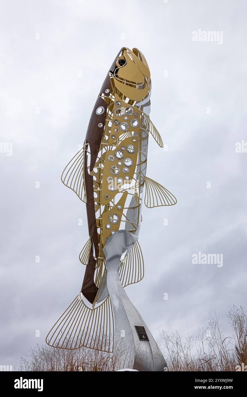 Die weltweit größte Skulptur der braunen Forelle, „die braune Forelle“ des Künstlers Ivan Iler, Baldwin, Michigan, USA [keine Veröffentlichung; nur redaktionelle Lizenzierung] Stockfoto