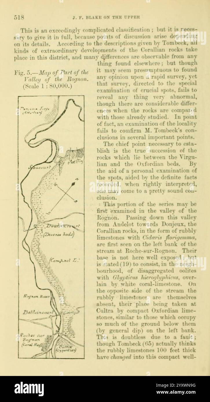 The Quarterly Journal of the Geological Society of London, v. 37 (1881), London, Geologie, Periodika, die Seite enthält eine detaillierte Karte, die ein bestimmtes geografisches Gebiet innerhalb eines Flusstals darstellt, das wahrscheinlich auf eine Studie oder Erkundung der Region zurückzuführen ist. Die Karte wird durch eine Texterklärung begleitet, in der die Notwendigkeit einer gründlichen Klassifizierung und Detaillierung im Kontext der Merkmale des Gebiets erläutert wird. Die Karte ist mit verschiedenen Linien und Etiketten gekennzeichnet, die Höhenlagen, Wasserstraßen und wichtige Sehenswürdigkeiten kennzeichnen, was sowohl eine visuelle Darstellung als auch zusätzliche Informationen über den Topogra bietet Stockfoto