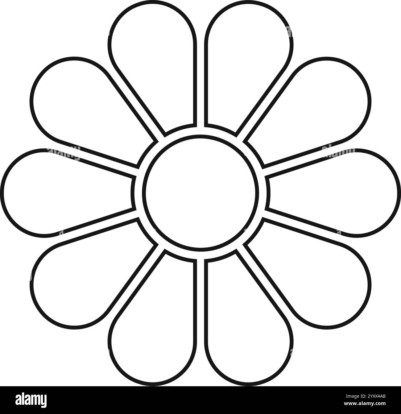 Daisy-Symbol. Blumendiagramm mit 10 Blütenblättern. Tortendiagramm mit Blumenmuster, aufgeteilt auf zehn gleiche Segmente in Blattformen, isoliert auf weißem Hintergrund. Vorlage für die Datendarstellung. Vektorgrafik. Stock Vektor
