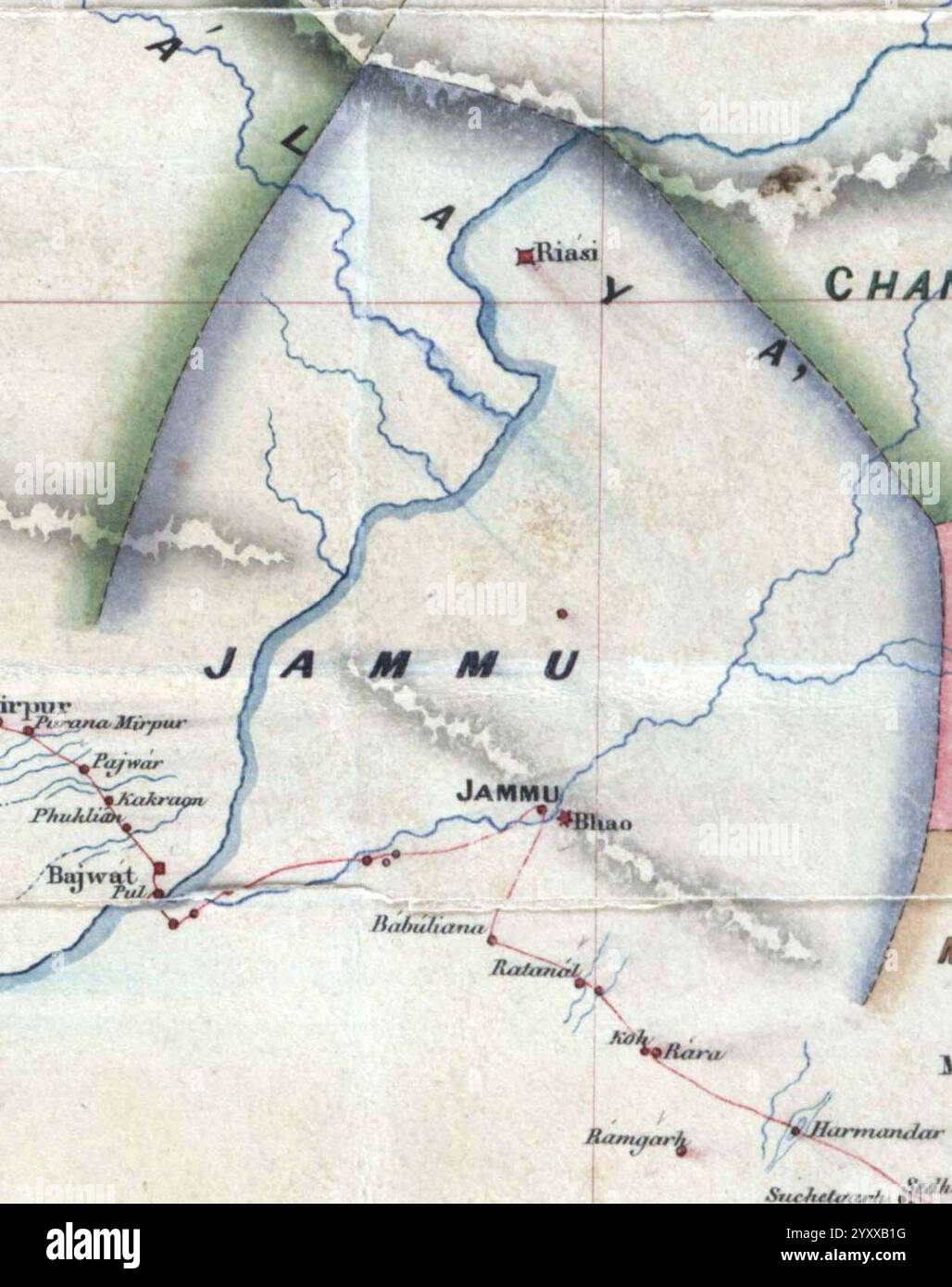 Detail des wichtigsten, durchgehenden Gebiets von Jammu aus einer Karte der verschiedenen Hügelstaaten der Punjab Hills Region, kopiert im Jahr 1852. Stockfoto