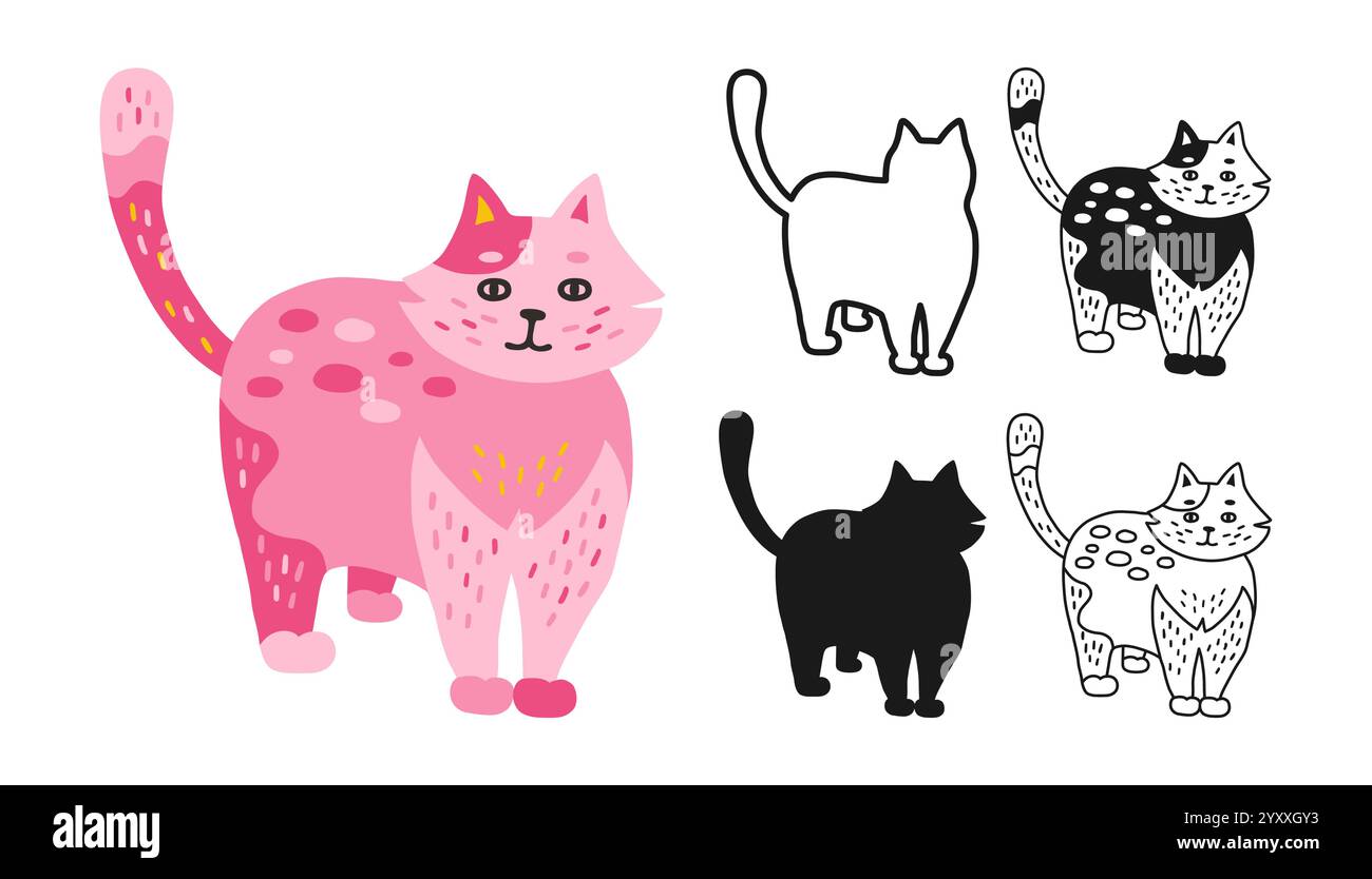 Katzensymbol Zeichentrickset. Abstrakte, handgezeichnete Comic-Kätzchen lineare Ikone. Stilisiertes Tieremblem – Kinderkollektion. Einfache Schilderkritzelung oder Silhouette lustige Katzen Clipart. Vektor-isolierte Abbildung Stock Vektor