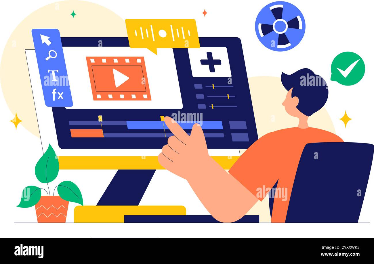 Vektorillustration eines Video-Editor-Programms mit Videobearbeitungssoftware zum Erstellen von animierten Filmen oder Clips in einem flachen Hintergrund Stock Vektor