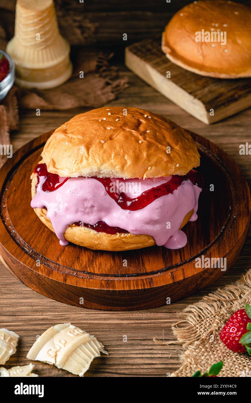 burger mit Erdbeereis. Eis-Sandwich auf Holzhintergrund. Stockfoto