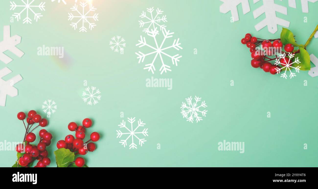 Bild von fallendem Schnee und heilig über blauem Hintergrund. weihnachten, Winter, Tradition und Festkonzept digital generiertes Bild. Stockfoto