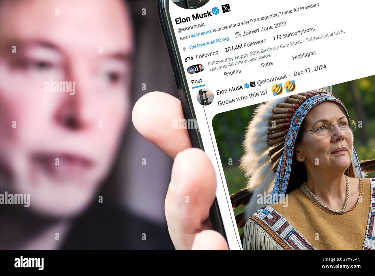 Poltawa, Ukraine - 17. Dezember 2024. Elon Musk Twitter-Profilseite mit einem neuen Tweet auf einem Smartphone in der Hand. Im Hintergrund befindet sich eine defokussierte bestellung Stockfoto
