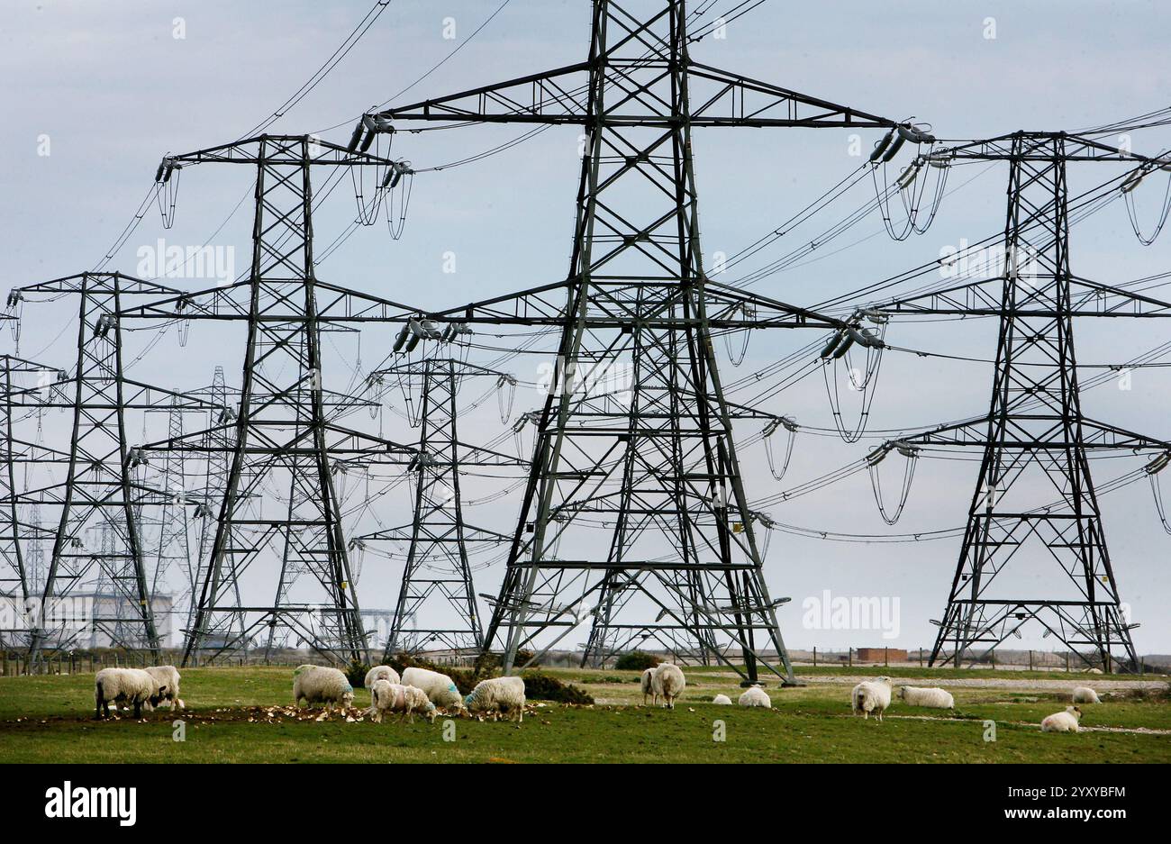 QFile-Foto vom 3/2008 von Oberleitungen des Kernkraftwerks Dungeness, das sich über die Landschaft von Kent erstreckt. National Grid hat „beispiellose“ Pläne vorgelegt, in den fünf Jahren bis März 2031 35 Milliarden Pfund in sein Stromübertragungsgeschäft zu investieren. Ausgabedatum: Mittwoch, 18. Dezember 2024. Stockfoto