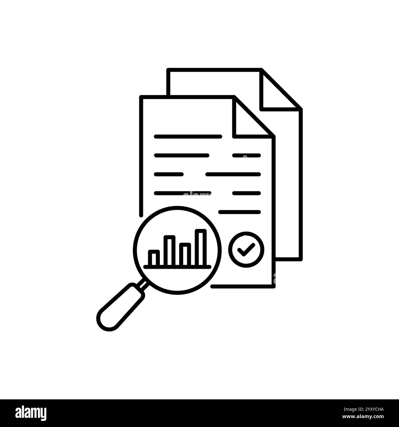 Prüfen Sie das Symbol für dünne Linien, wie z. B. Bewertung oder Audit. Schlagtrend moderner Papierkram mit Logotyp, grafisches lineares Design, isoliert auf weiß. Konzept der Projektanalyse Stock Vektor