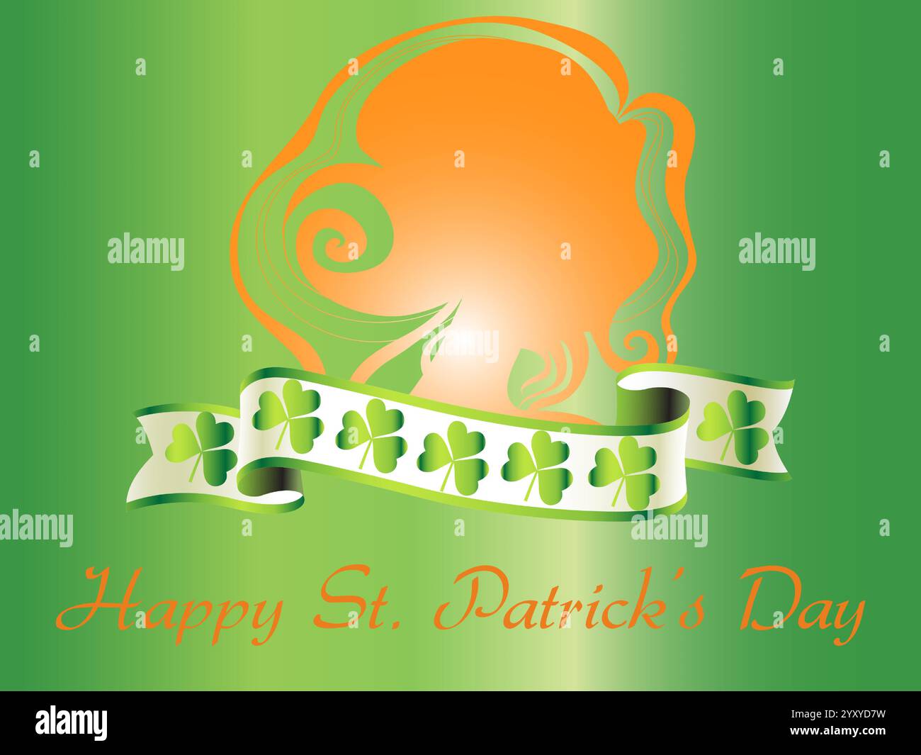 Grün-orange Poster mit Frauengesicht und den Worten Happy St. Patrick Day. Shamrock Saint Patrick Day Rainbow St. Paddy Glück der Iren Stock Vektor