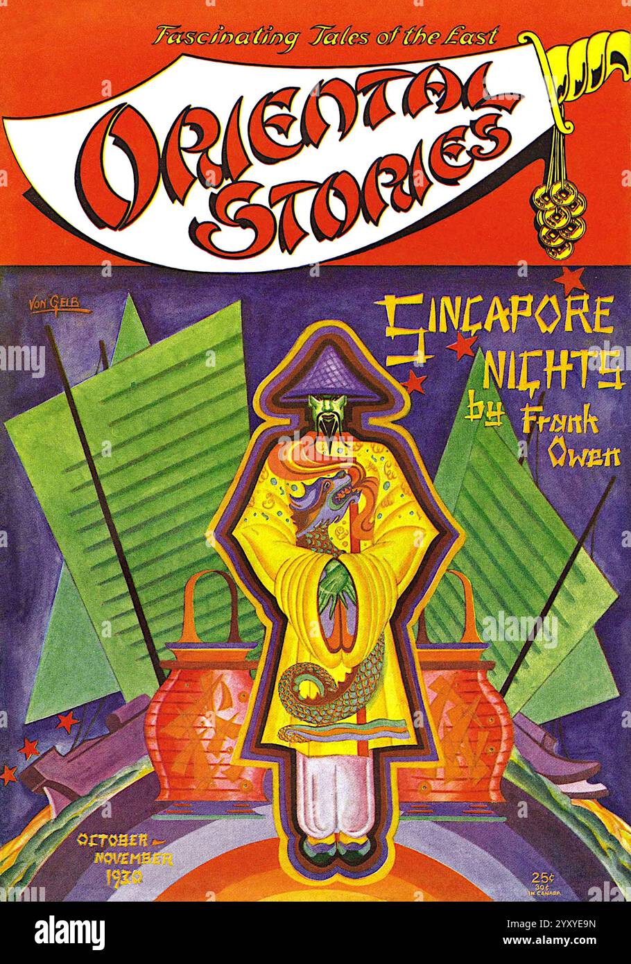 Cover des Pulp Magazins Oriental Stories (Oktober-November 1931, Band 1, Nr. 1) mit Singapore Nights von Frank Owen - Cover Art Donald von Gelb Stockfoto