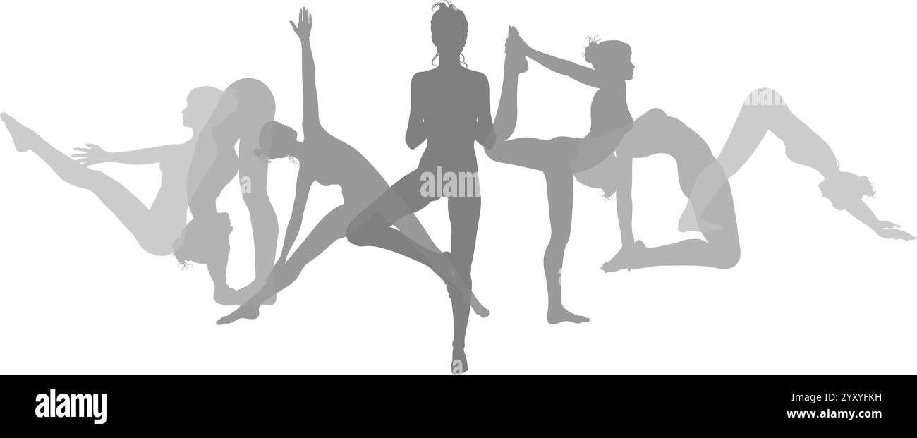 Yoga Pilates Poses Women Silhouettes Concept Stock Vektor