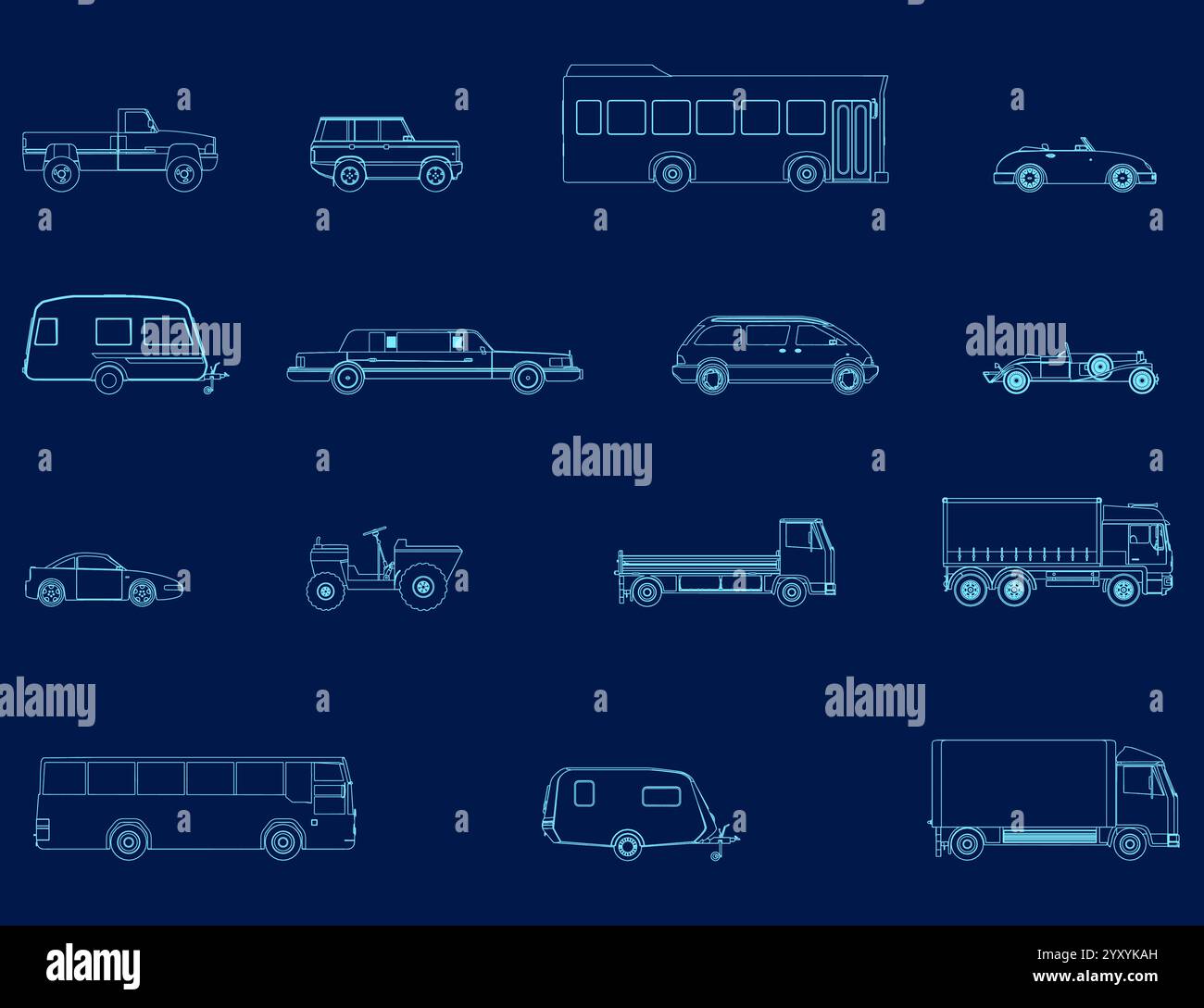 Set mit Konturen verschiedener Autos von blauen Linien isoliert auf dunklem Hintergrund. Seitenansicht. Lkw, Bus, Anhänger, Limousine, Limousine, Abholung. Vektoril Stock Vektor