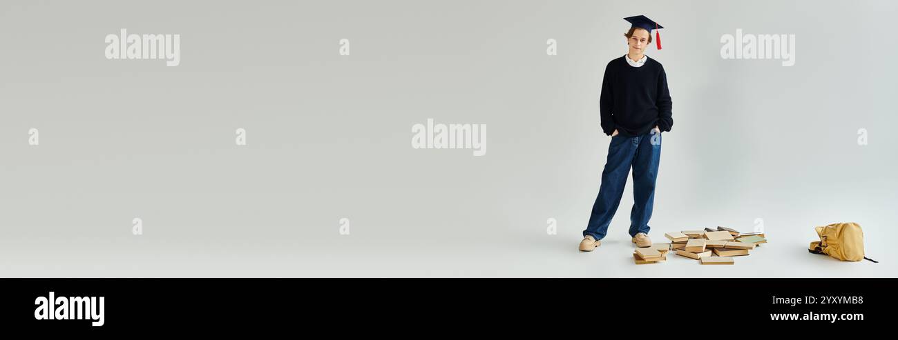 Ein selbstbewusster junger Mann in einer Abschlussmütze steht stolz in einem Studio und zeigt seinen College-Erfolg, Banner Stockfoto