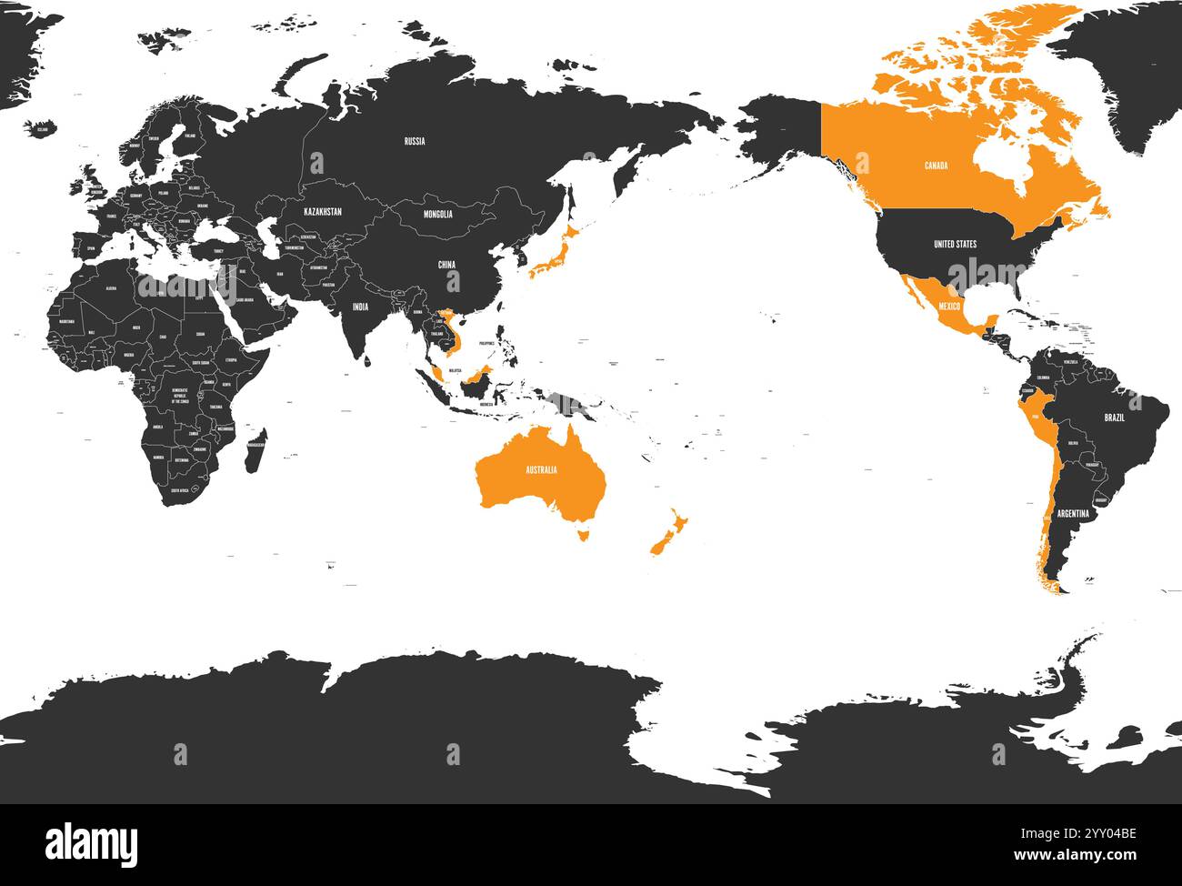 Karte eines umfassenden und progressiven Abkommens über die Transpazifische Partnerschaft, CPTPP oder TPP11. Gelb hervorgehobene Mitgliedstaaten. Vektorabbildung. Stock Vektor