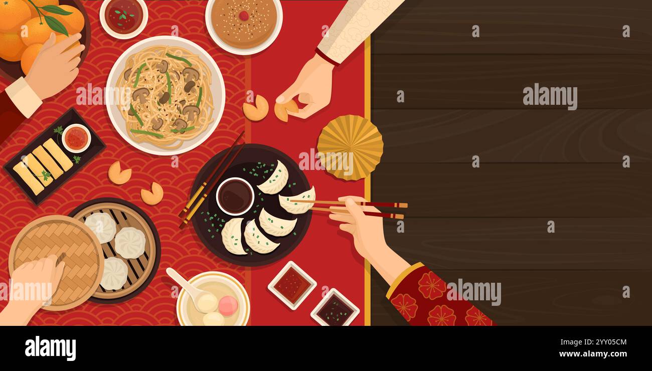 Menschen, die gemeinsam das chinesische Neujahr feiern, essen traditionelles Essen, Blick von oben Stock Vektor