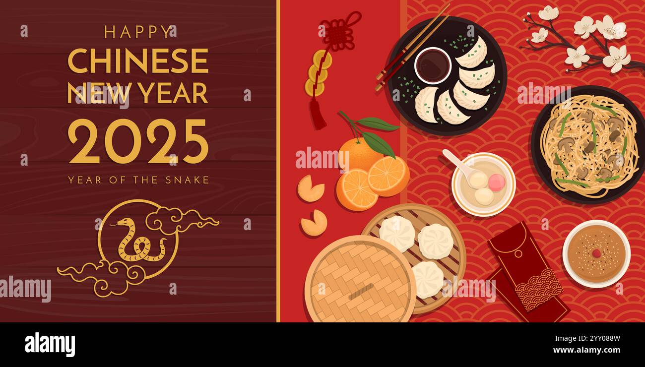 Chinesisches Neujahrsfest und traditionelles Essen, Banner mit Kopierbereich, Blick von oben Stock Vektor