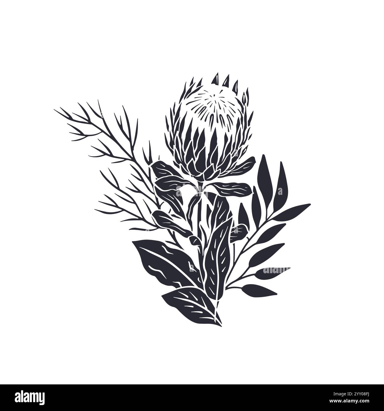 Schwarze Silhouette von tropischen Protea-Blumen und Blättern Bouquet Stock Vektor