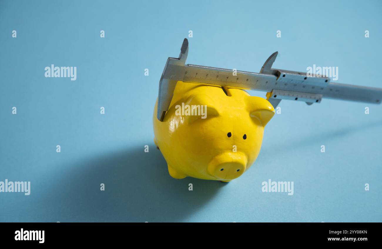 Schweinebank mit Messschieber auf blauem Hintergrund. Stockfoto