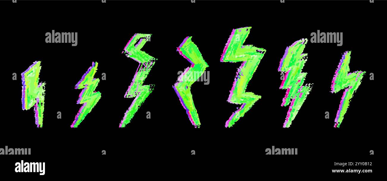 Set von Blitz durch Wachsstift Zeichnung. Sammlung von Handzeichnungen Kreide, Licht Blitzzeichen, Vektor Kritzeldonnerbolzen, säuregrün und rosa Farbe Stock Vektor