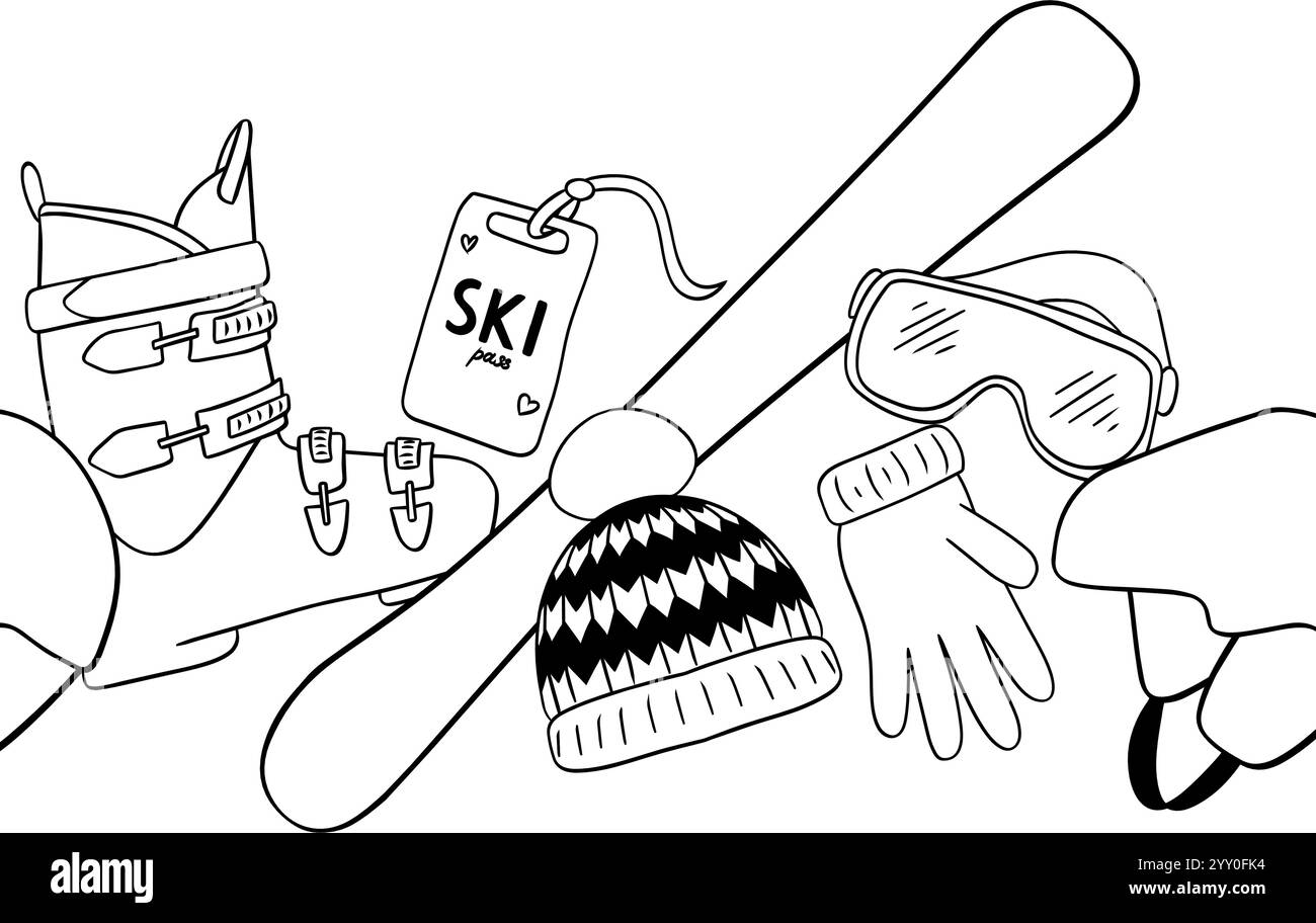 Nahtlose Wintergrenze mit Skiausrüstung: Ski, Schuhe, Sonnenbrille, Hut, Handschuhe, Fäustling im grafischen Stil. Vektorgrafik-Strichdarstellung auf Wi Stock Vektor