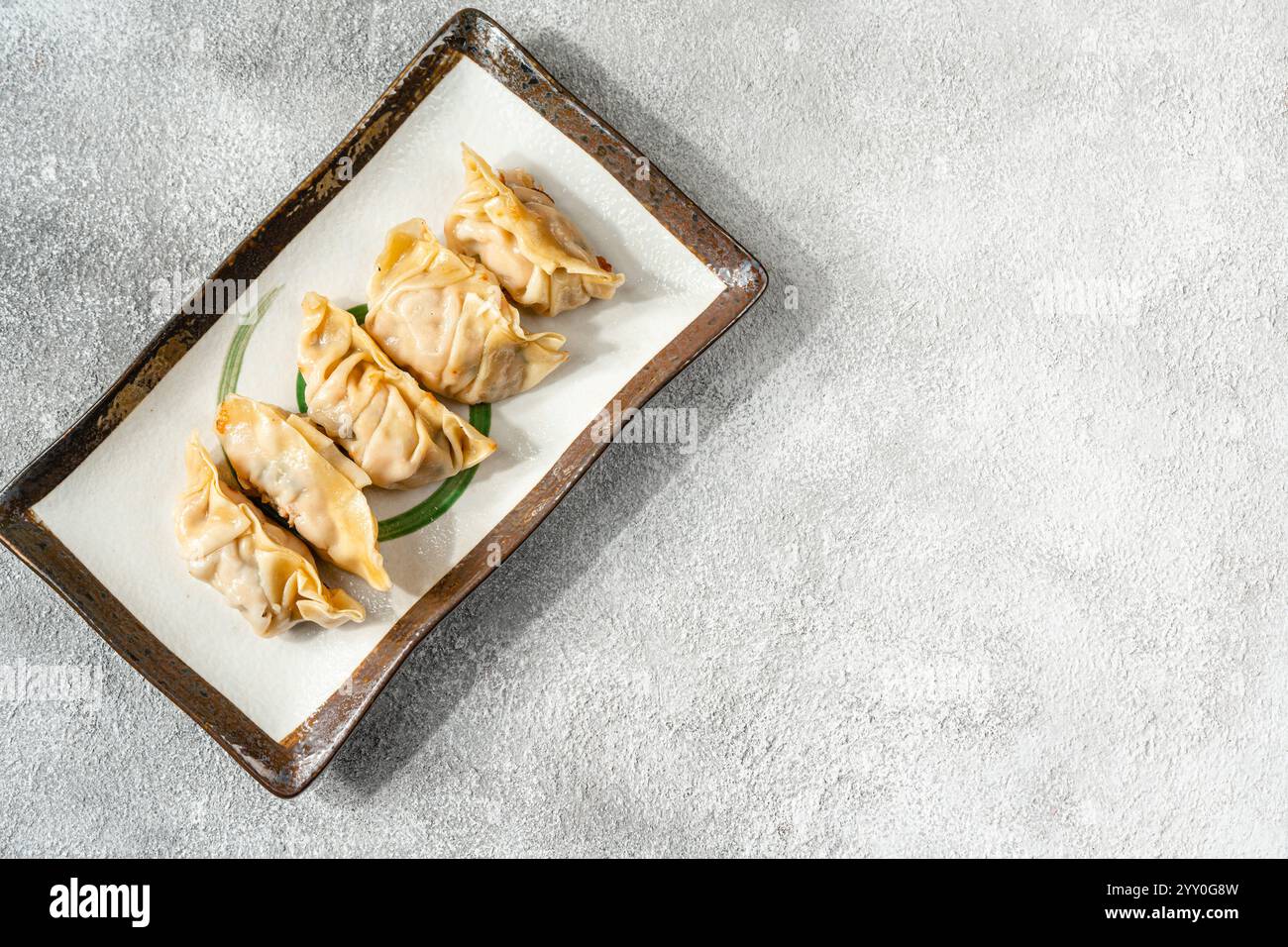 Gegrillte Gyoza- oder Jiaozi-gebratene gefüllte Teigtaschen Stockfoto